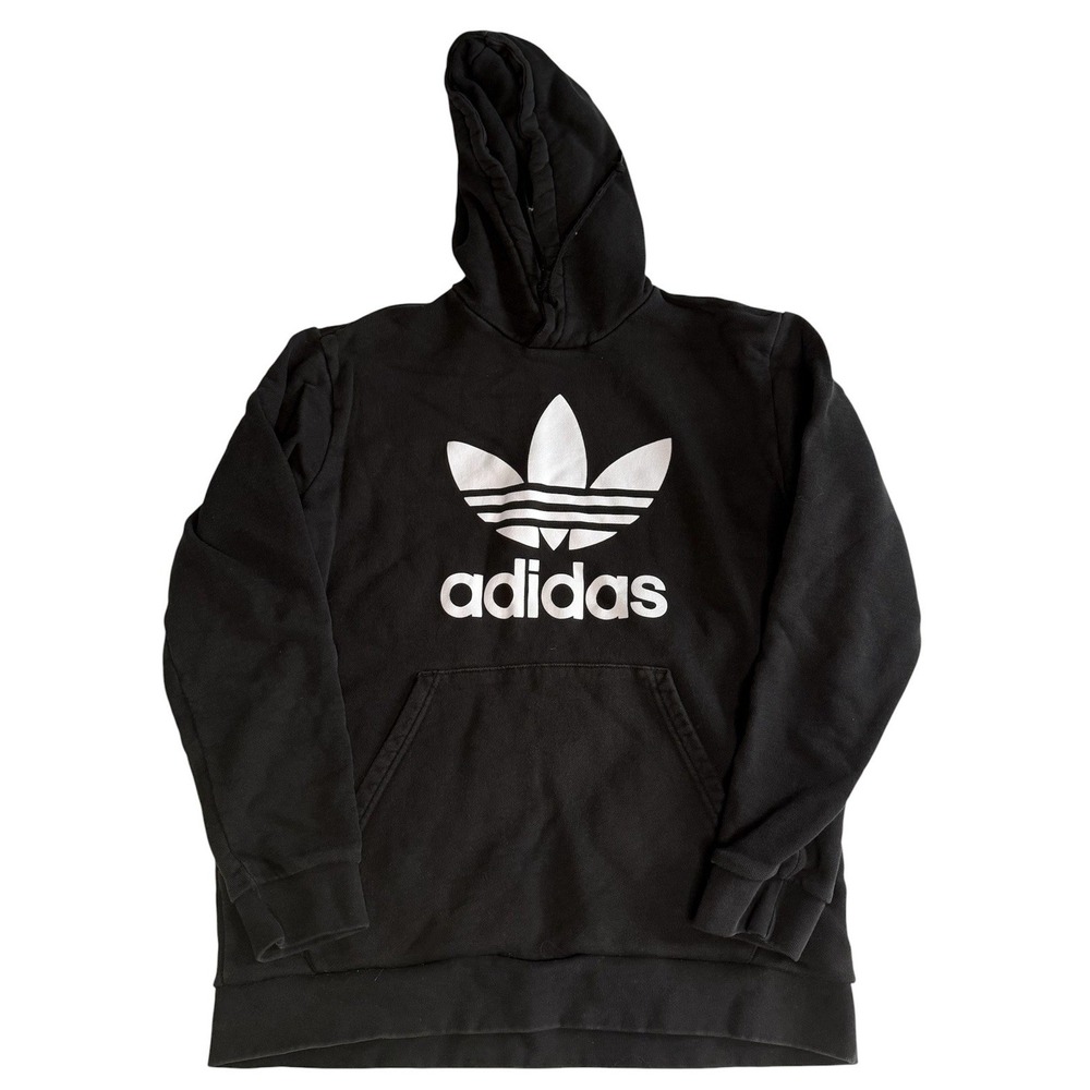 adidas Men's Black Pullover Hoodie Logo Hooded Pockets Long Sleeve Size L